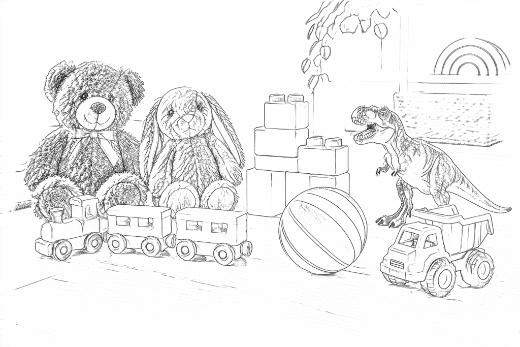 Real Free outlines of the group of toys and room, with plush and wood texture